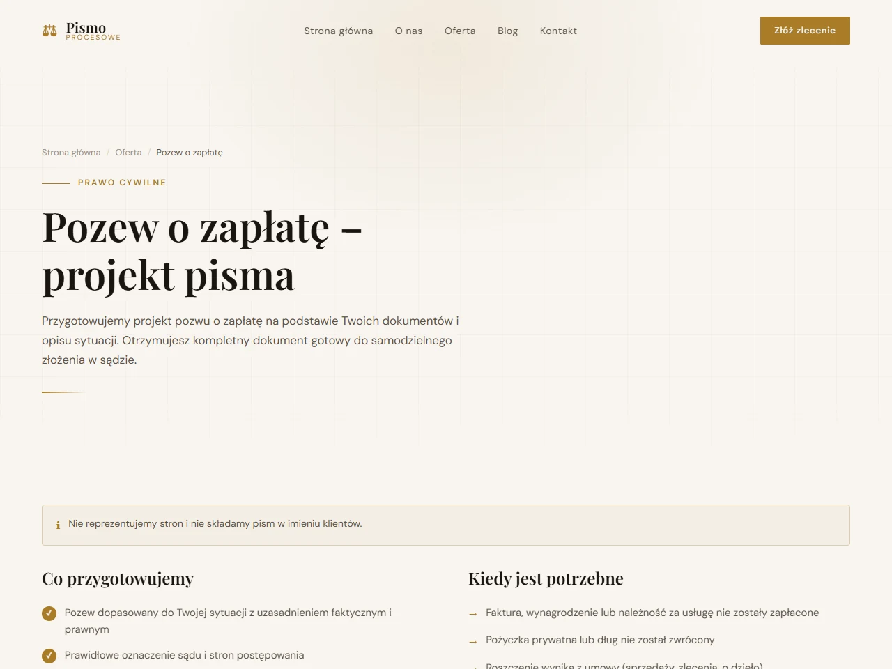 Realizacja — Pozew o zapłatę — landing page usługi